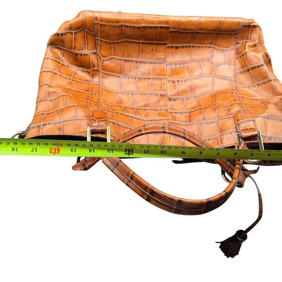 G.I.L.I. Genuine Leather Croc Embossed Satchel Tote Bag Cognac Brown - Picture 12 of 16